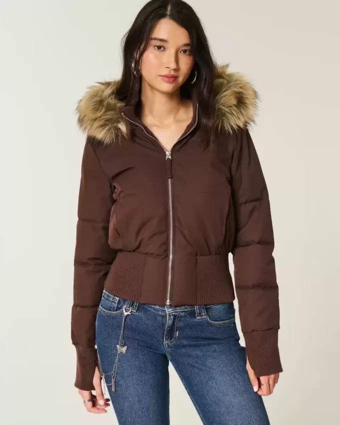 Faux Fur Trim Puffer Bomber Jacket