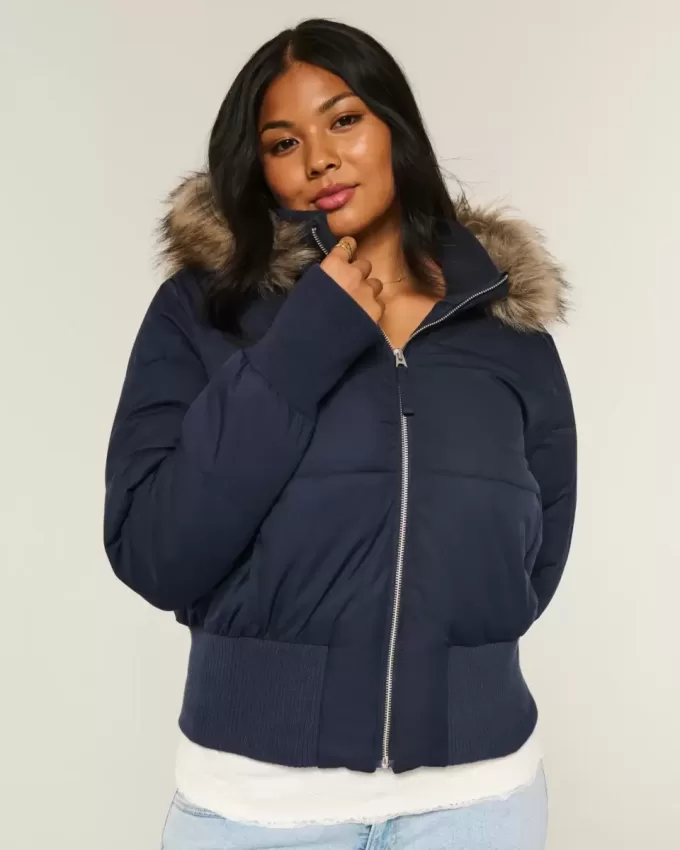 Faux Fur Trim Puffer Bomber Jacket