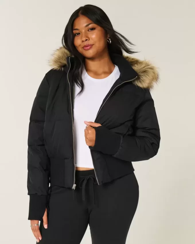 Faux Fur Trim Puffer Bomber Jacket
