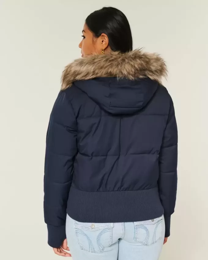 Faux Fur Trim Puffer Bomber Jacket