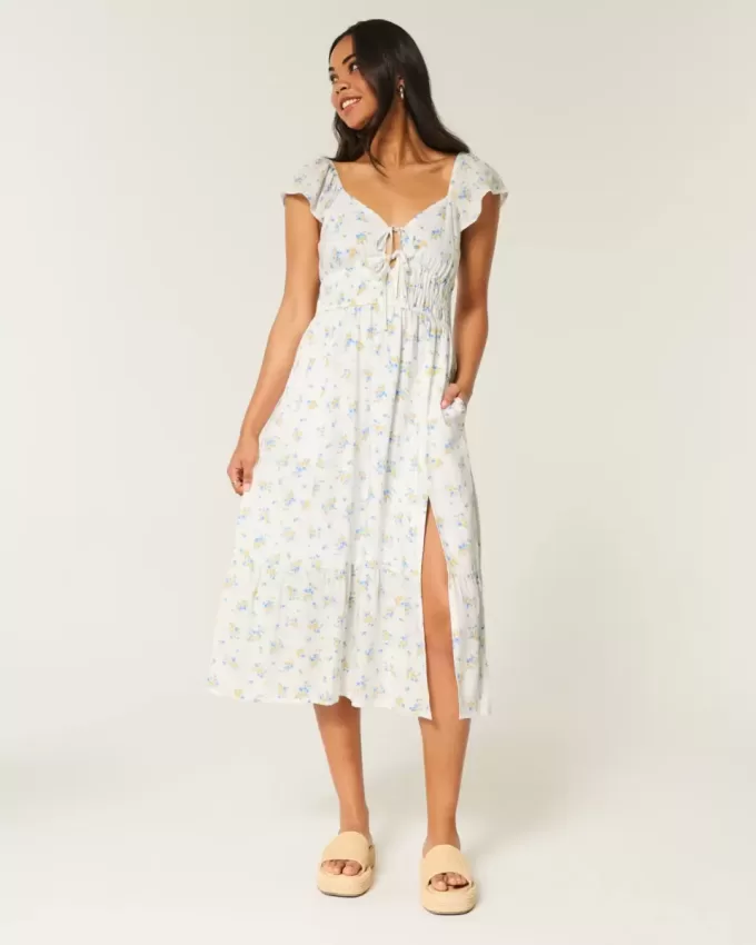Flutter Sleeve Double-Tie Midi Dress