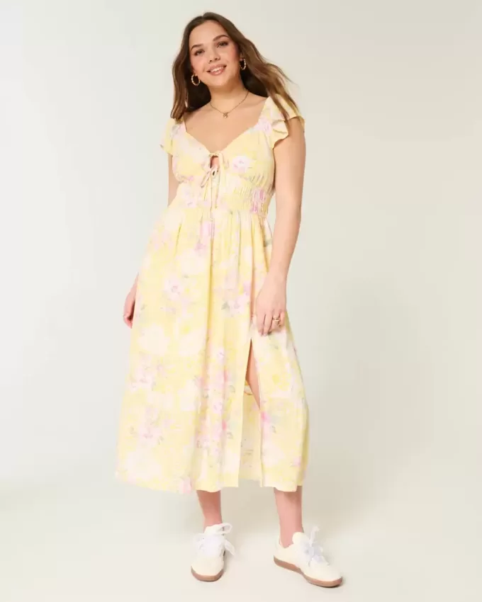Flutter Sleeve Double-Tie Midi Dress