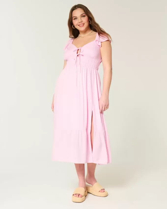 Flutter Sleeve Double-Tie Midi Dress