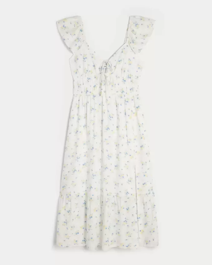 Flutter Sleeve Double-Tie Midi Dress