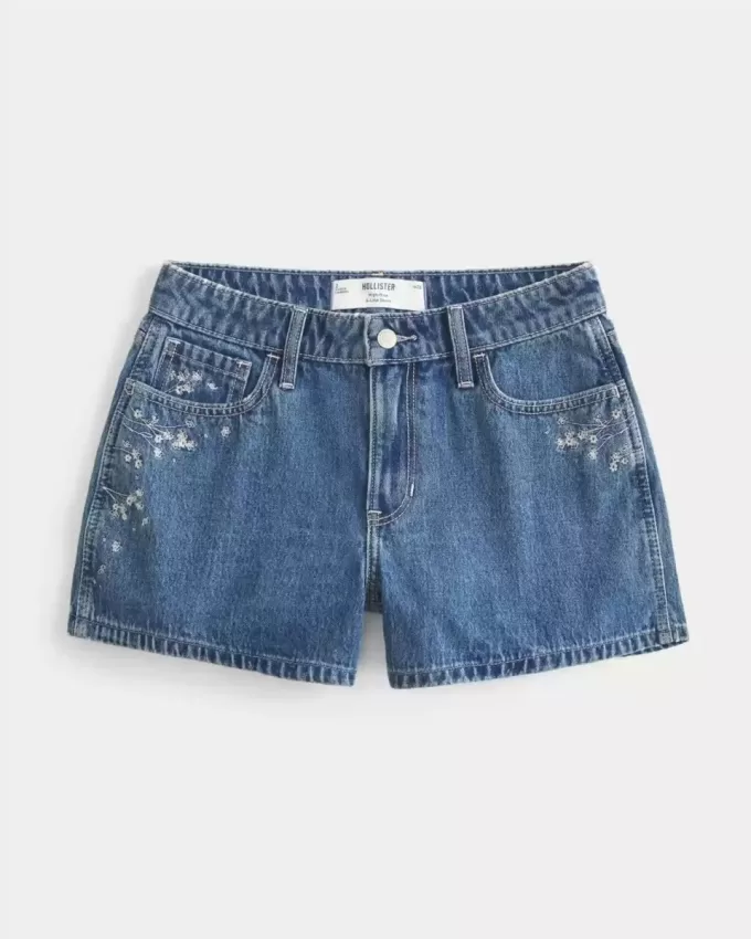 High-Rise Medium Wash Floral Embroidered A-Line Denim Shorts