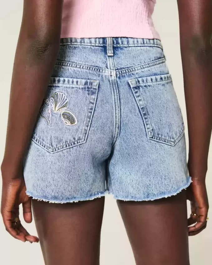 High-Rise Medium Wash Shell Embroidered Baggy Denim Shorts 5″