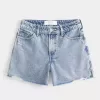 High-Rise Medium Wash Shell Embroidered Baggy Denim Shorts 5″