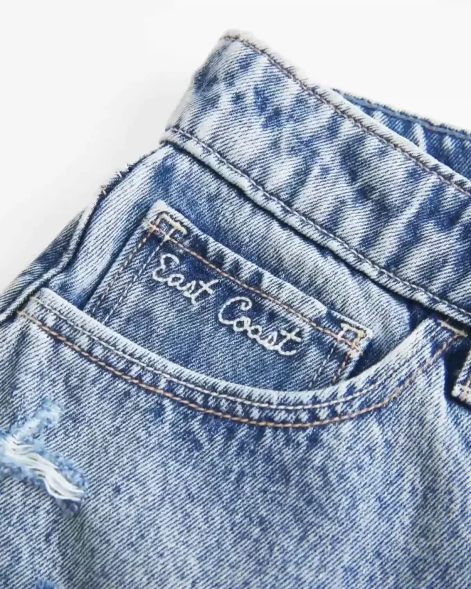 High-Rise Medium Wash Shell Embroidered Baggy Denim Shorts 5″