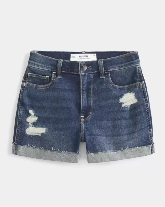 High-Rise Ripped Dark Wash Denim Shortie Shorts