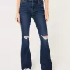 High-Rise Ripped Dark Wash Flare Jeans