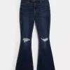 High-Rise Ripped Dark Wash Flare Jeans