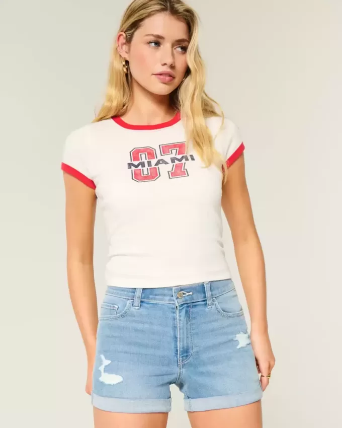 High-Rise Ripped Medium Light Wash Denim Shortie Shorts