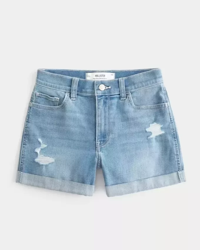 High-Rise Ripped Medium Light Wash Denim Shortie Shorts