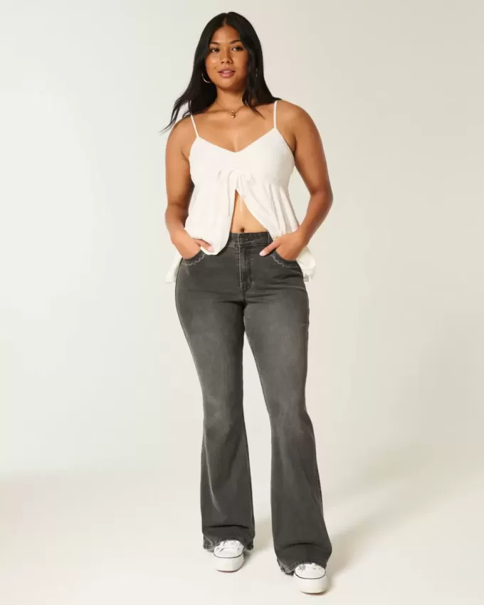 High-Rise Washed Black Embroidered Flare Jeans