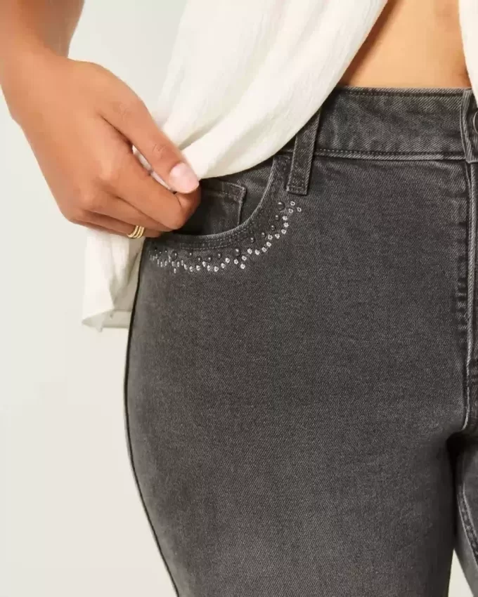 High-Rise Washed Black Embroidered Flare Jeans