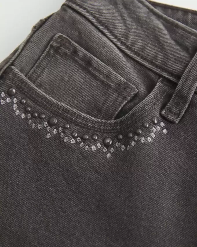 High-Rise Washed Black Embroidered Flare Jeans