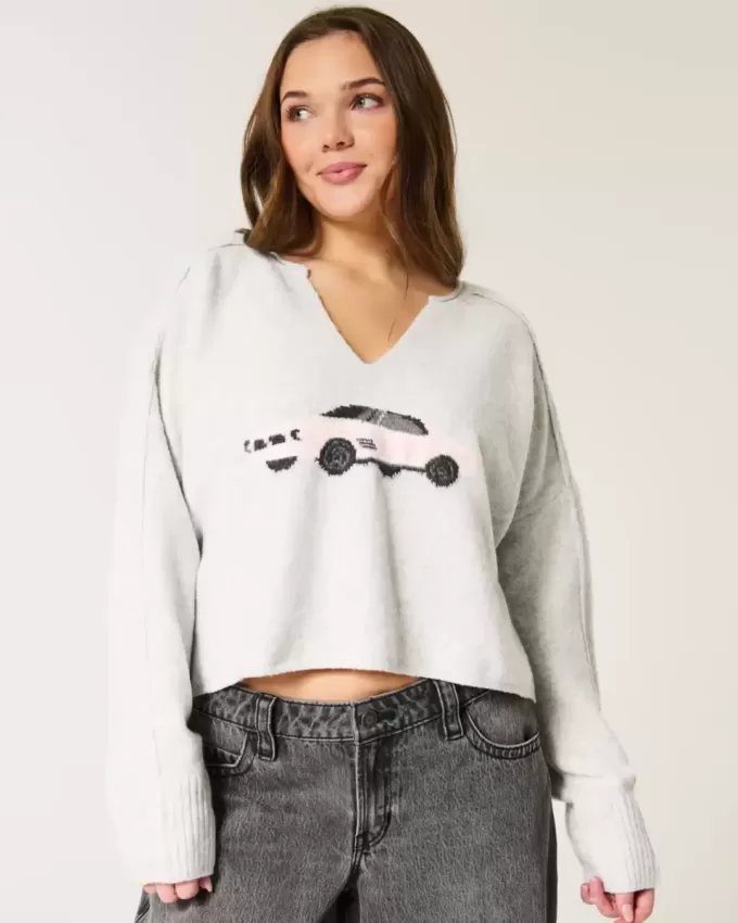Hollister Comfy Cloud Graphic Notch-Neck Sweater Hollister Comfy Cloud Graphic Notch-Neck Sweater