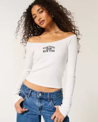 Lace Trim Off-the-Shoulder Montauk Graphic Tee