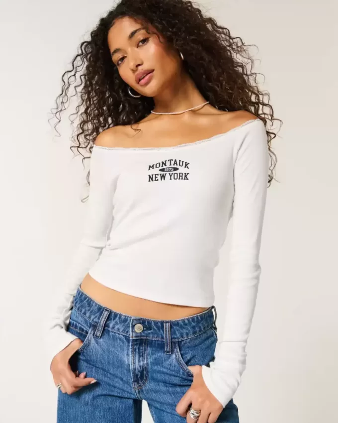 Lace Trim Off-the-Shoulder Montauk Graphic Tee Lace Trim Off-the-Shoulder Montauk Graphic Tee