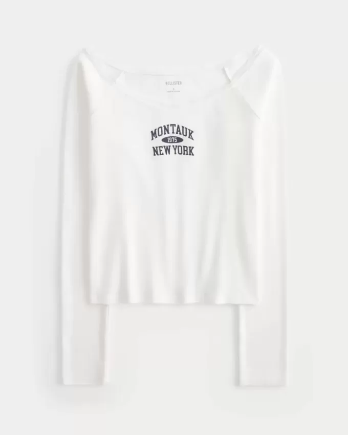 Lace Trim Off-the-Shoulder Montauk Graphic Tee Lace Trim Off-the-Shoulder Montauk Graphic Tee