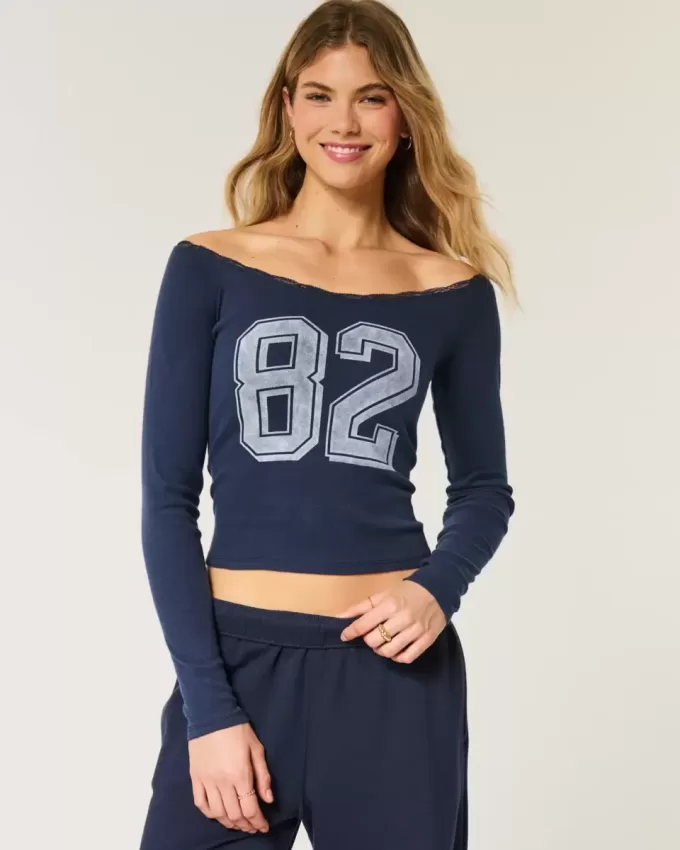 Lace Trim Off-the-Shoulder Number Graphic Tee Lace Trim Off-the-Shoulder Number Graphic Tee