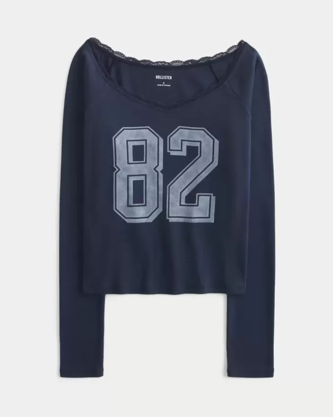 Lace Trim Off-the-Shoulder Number Graphic Tee Lace Trim Off-the-Shoulder Number Graphic Tee