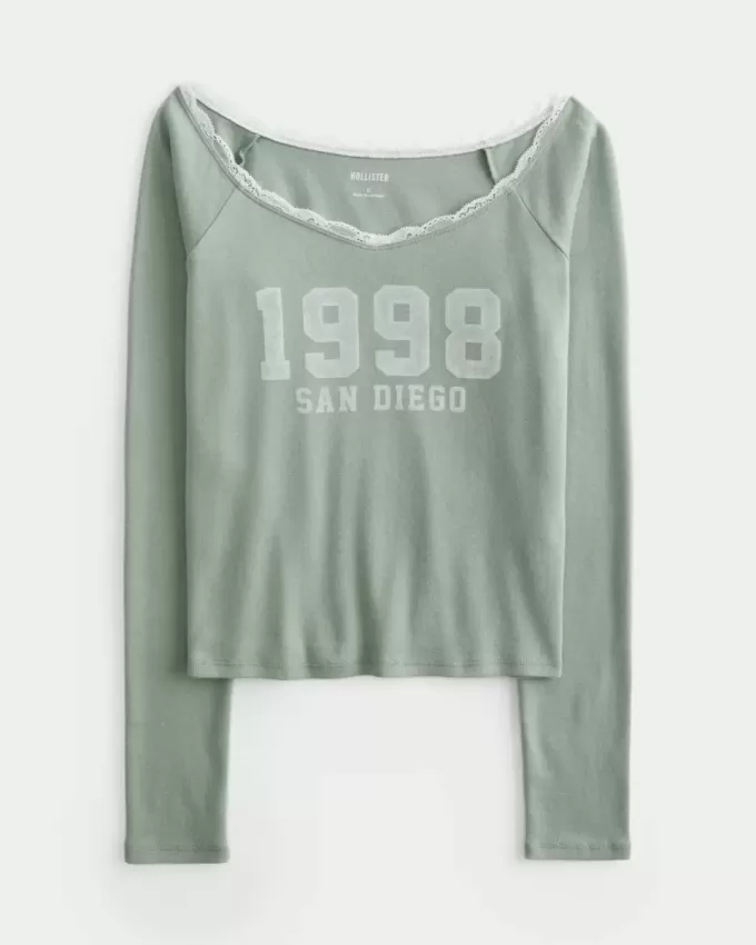 Lace Trim Off-the-Shoulder San Diego Graphic Tee Lace Trim Off-the-Shoulder San Diego Graphic Tee