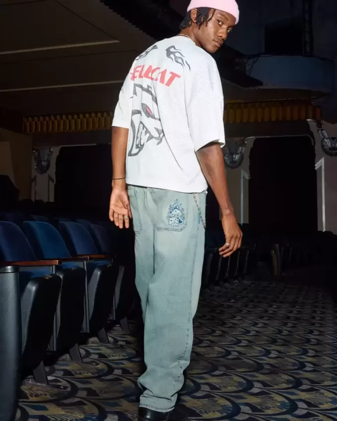 Light Wash Embroidered Dice Skater Baggy Jeans