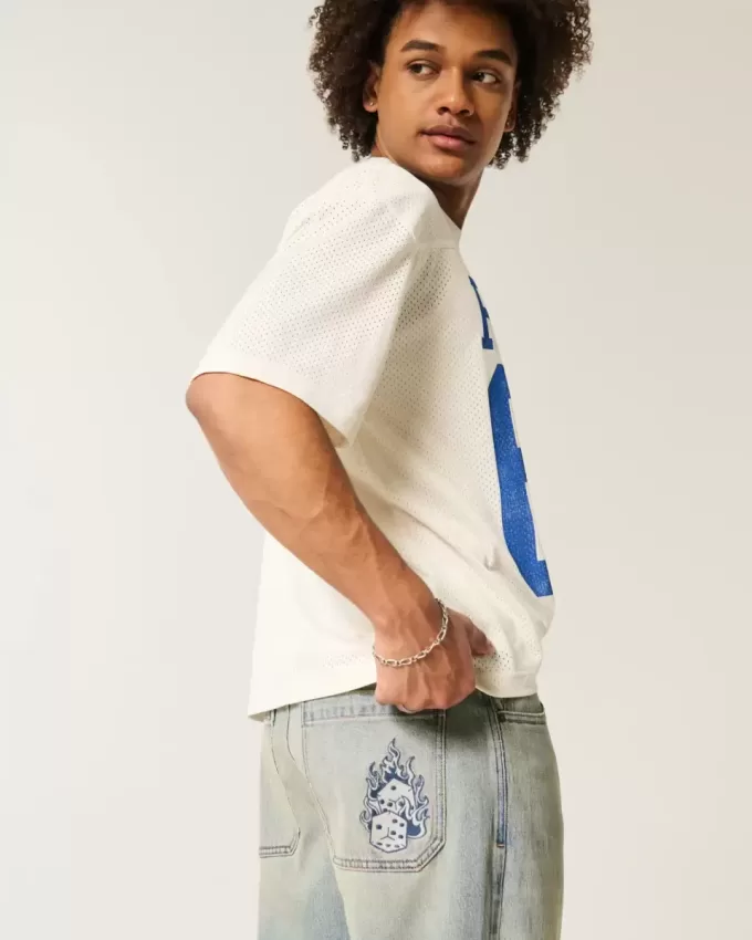 Light Wash Embroidered Dice Skater Baggy Jeans