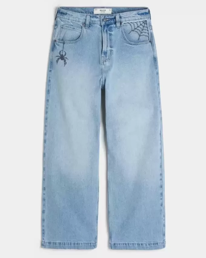 Light Wash Spider Graphic Super Baggy Jeans