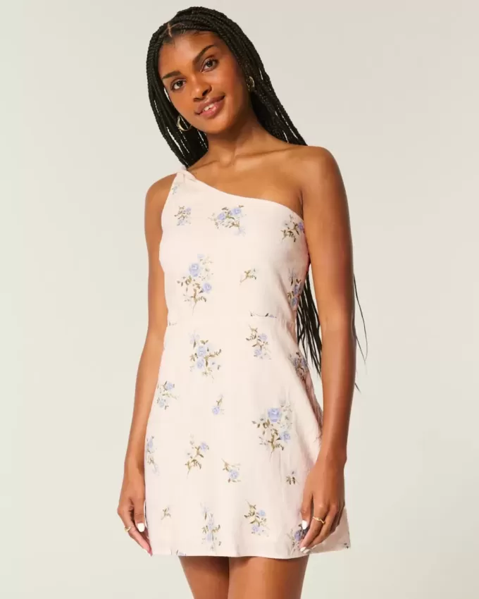 Linen-Blend Asymmetrical Mini Dress