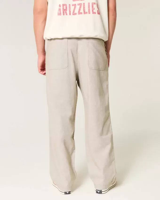 Linen-Blend Flex Waist Baggy Pants