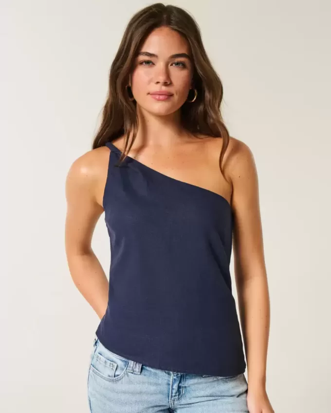 Linen-Blend One-Shoulder Top