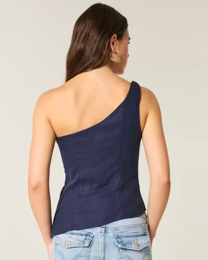 Linen-Blend One-Shoulder Top