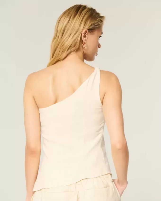 Linen-Blend One-Shoulder Top