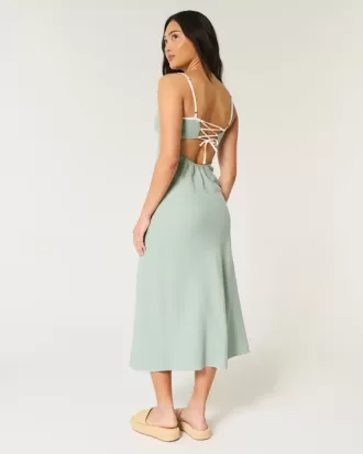 Linen-Blend Open-Back Slip Midi Dress