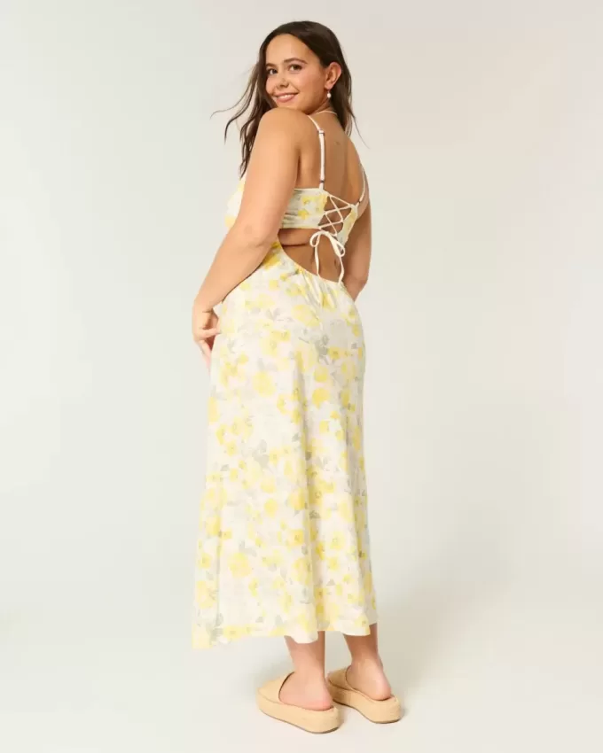 Linen-Blend Open Back Slip Midi Dress