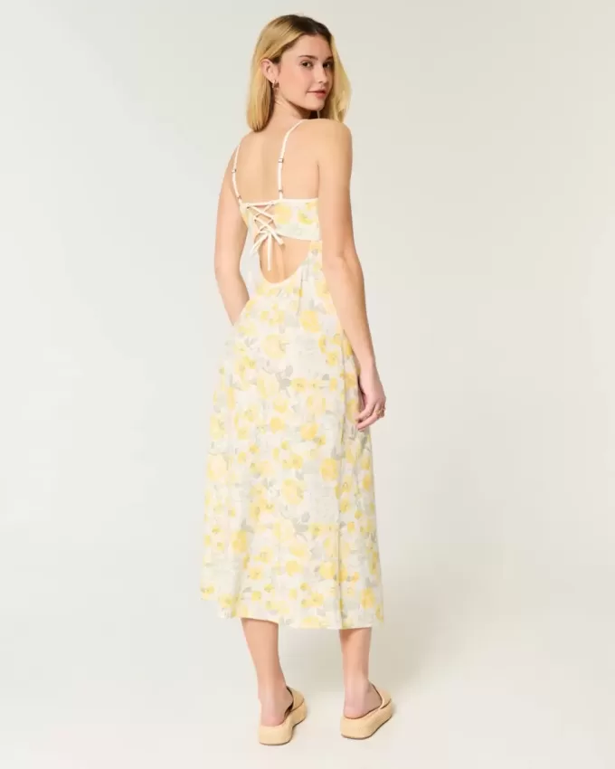 Linen-Blend Open Back Slip Midi Dress