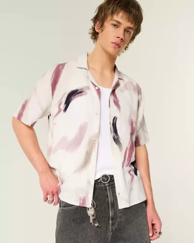 Linen-Blend Short-Sleeve Pattern Shirt