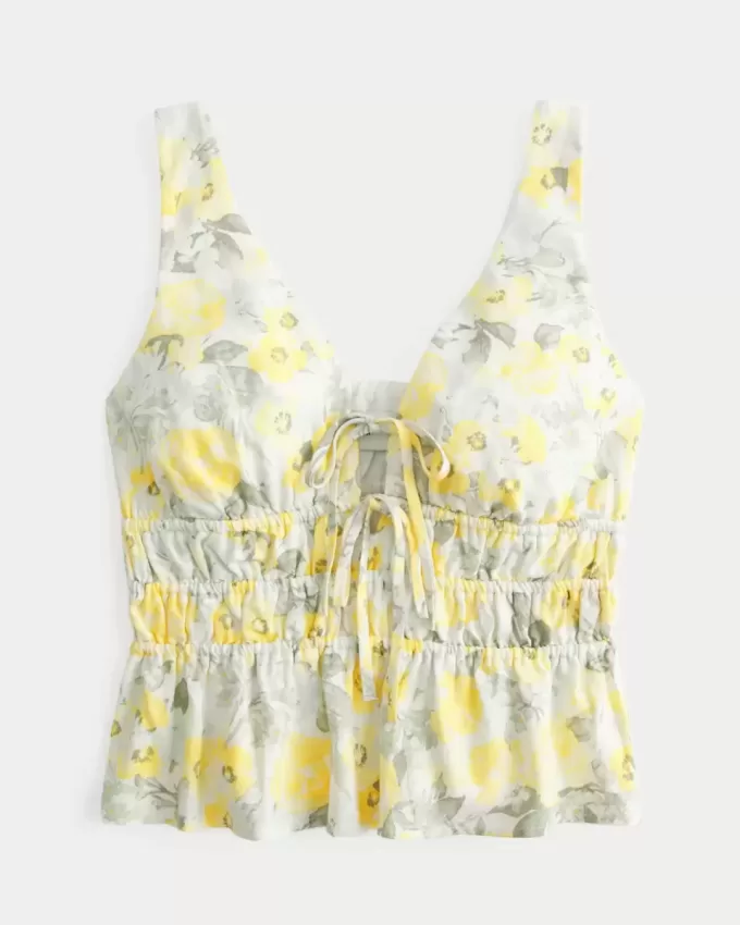 Linen-Blend Tie-Front Peplum Top