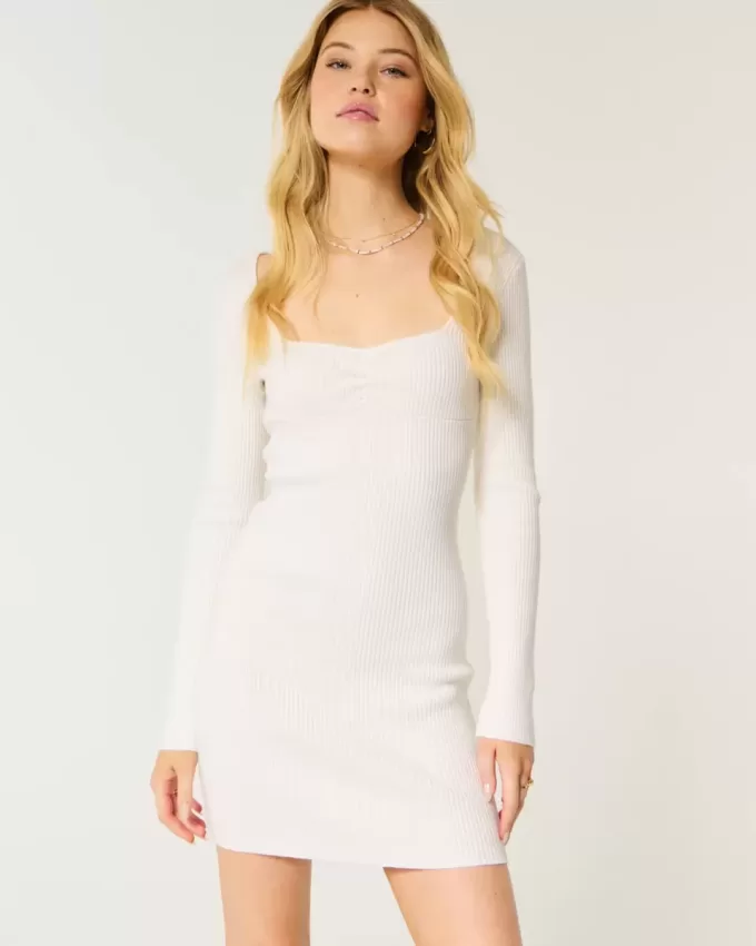 Long-Sleeve Cinch Bust Open-Back Sweater Dress Long-Sleeve Cinch Bust Open-Back Sweater Dress