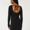 Long-Sleeve Cinch Bust Open-Back Sweater Dress