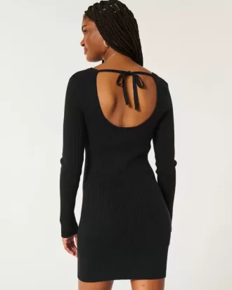 Long-Sleeve Cinch Bust Open-Back Sweater Dress