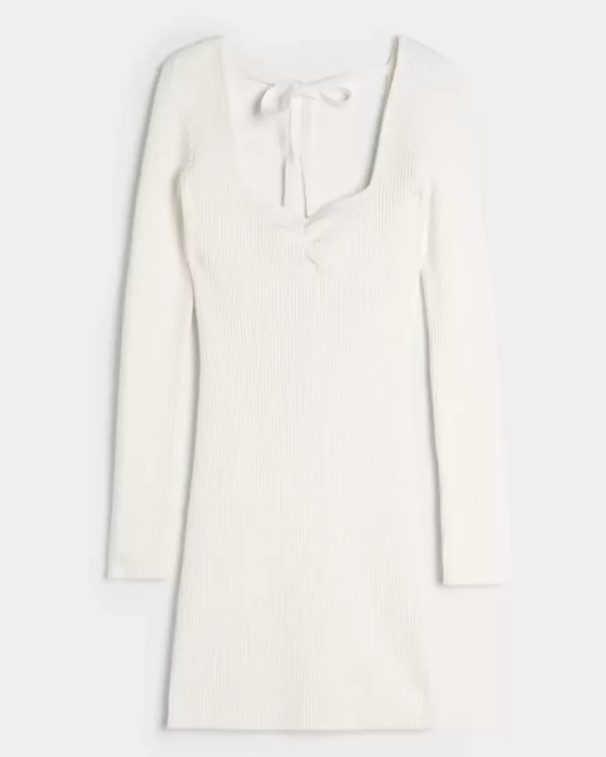 Long-Sleeve Cinch Bust Open-Back Sweater Dress Long-Sleeve Cinch Bust Open-Back Sweater Dress