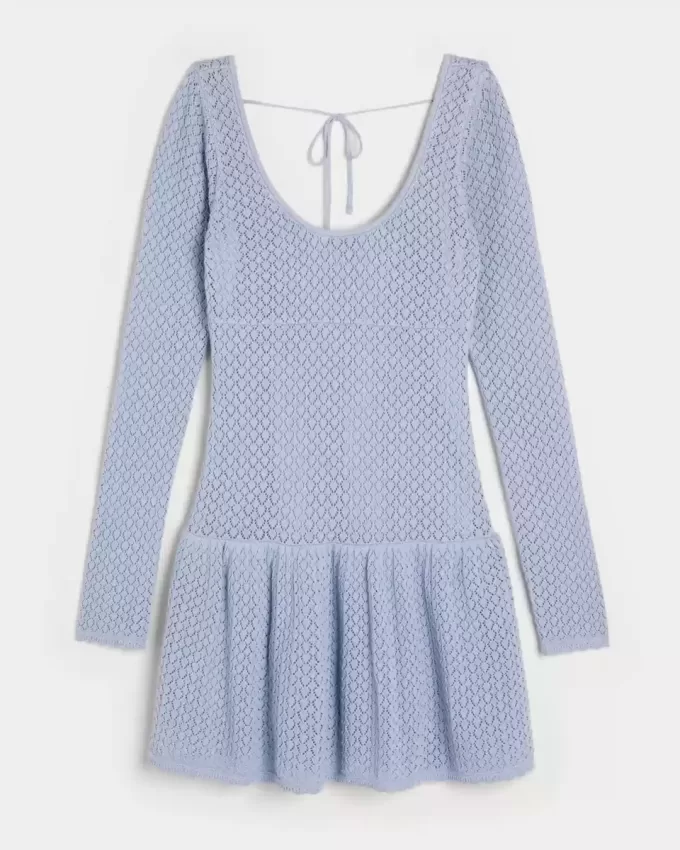 Long-Sleeve Crochet-Style Mini Skater Dress