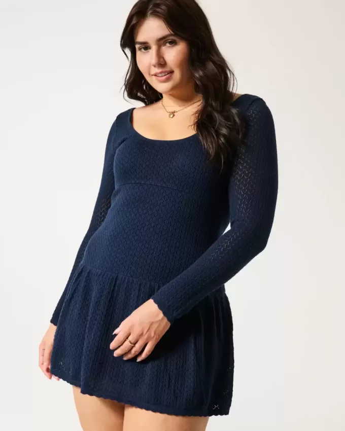 Long-Sleeve Drop-Waist Crochet-Style Mini Skater Dress