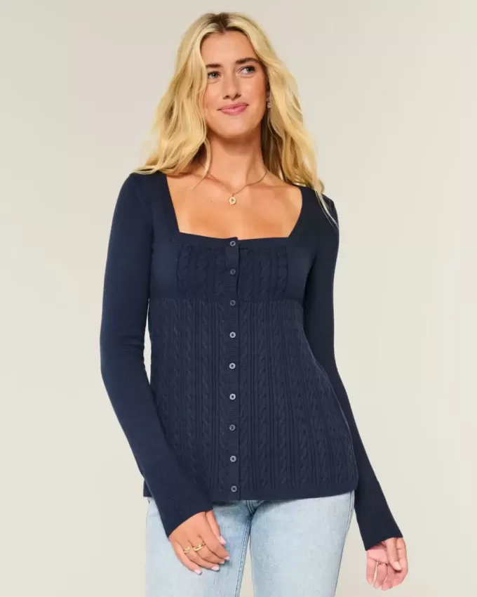 Long-Sleeve Square-Neck Babydoll Sweater