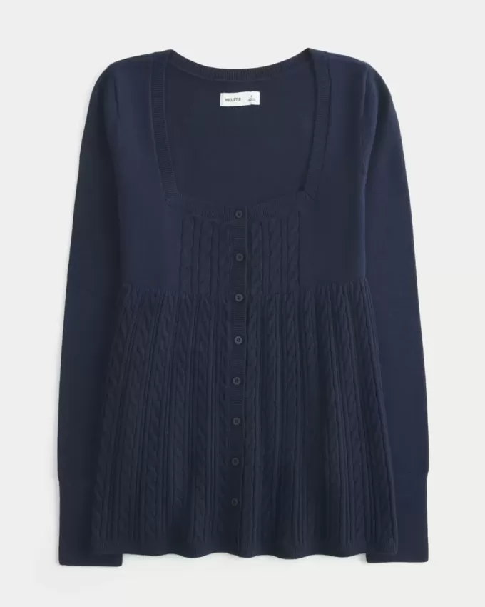 Long-Sleeve Square-Neck Babydoll Sweater