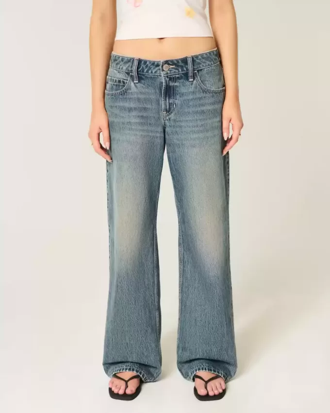 Low-Rise Adjustable Waist Medium Wash Baggy Jeans