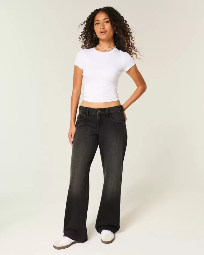 Low-Rise Adjustable Waist Washed Black Baggy Jeans